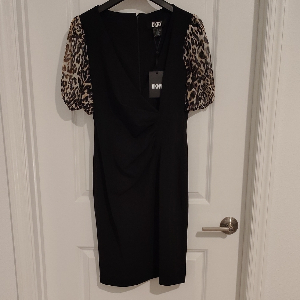 DKNY Black Midi Dress with Leopard Print Sleeves